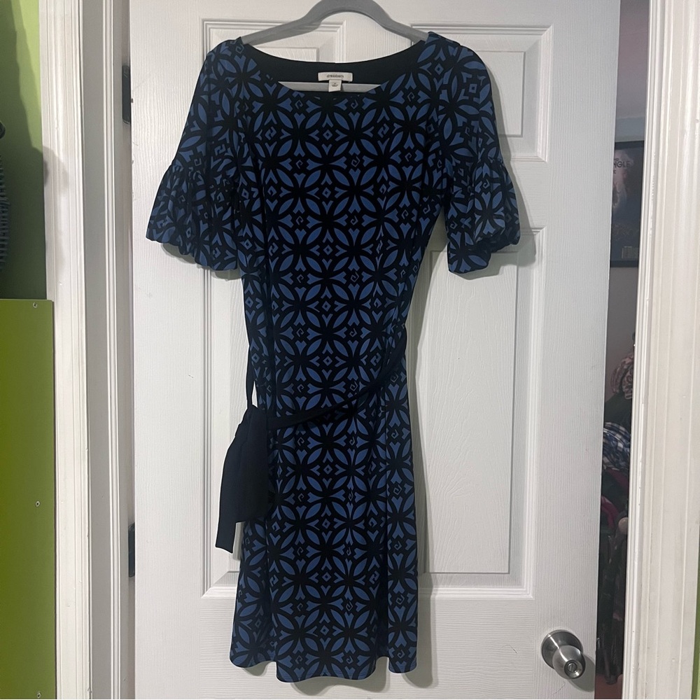 Women's Blue and Black Patterned Short-Sleeve Dress
